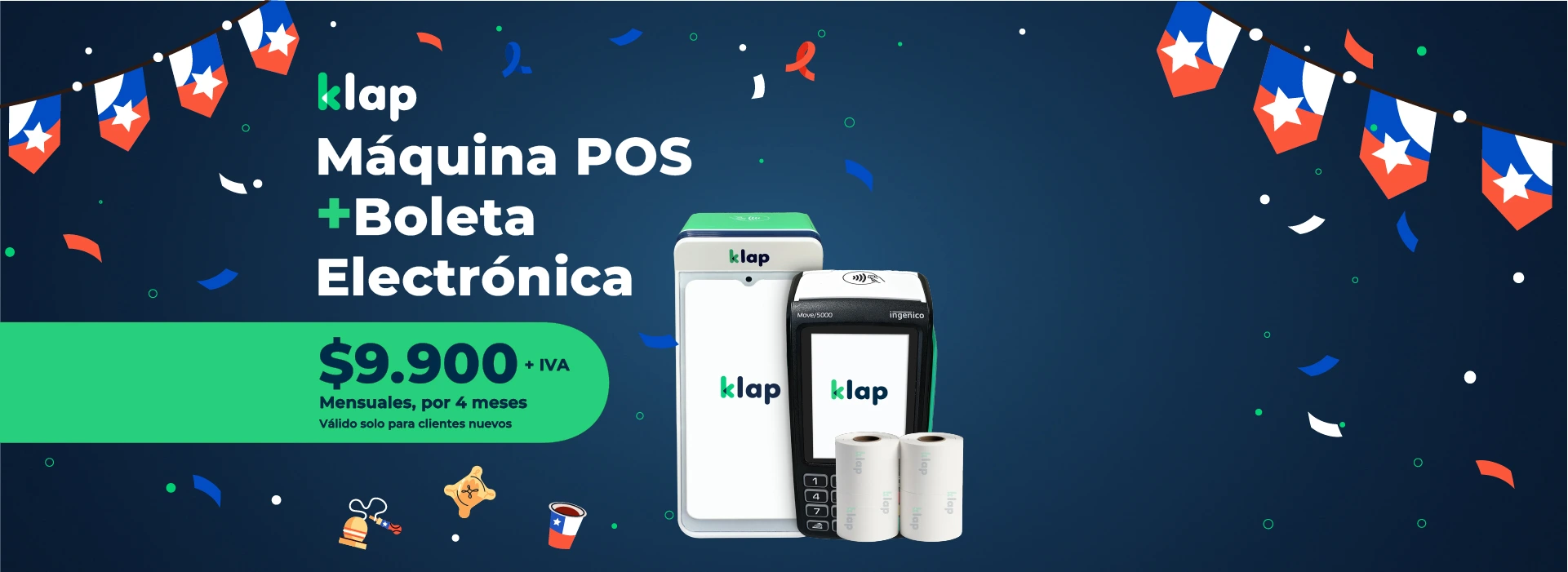 Klap Máquina POS + Boleta Electrónica $9.900 mensuales, por 4 meses
