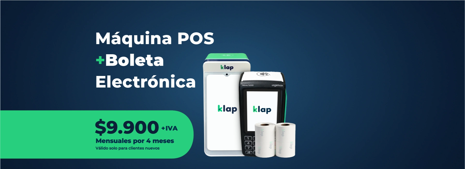 Klap Máquina POS + Boleta Electrónica $9.900 mensuales, por 4 meses