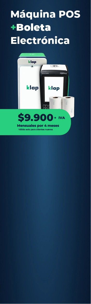 Klap Máquina POS + Boleta Electrónica $9.900 mensuales, por 4 meses