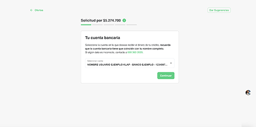Selecciona la cuenta en la que deseas recibir tu crédito